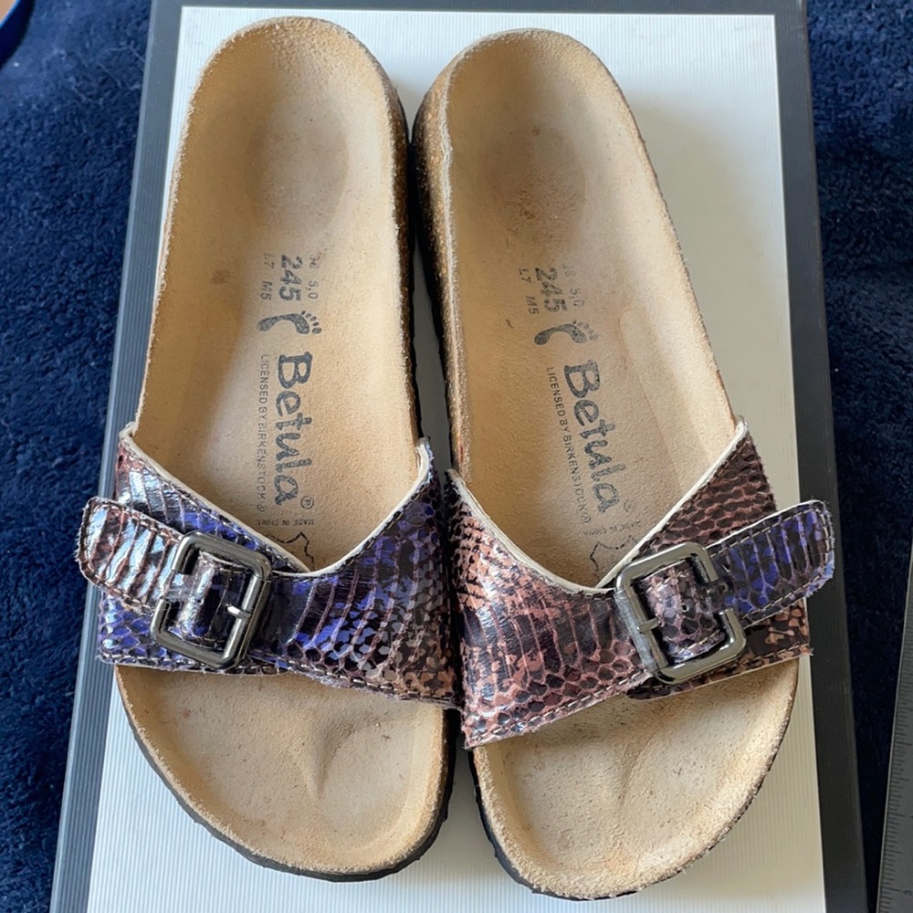 Betula by Birkenstock purple print slides